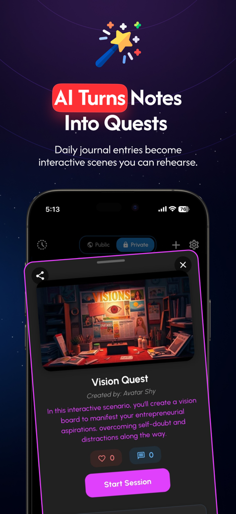 Voidspace AI - Voidspace AI app interface showing how journal entries are transformed into interactive quest scenarios like Vision Quest