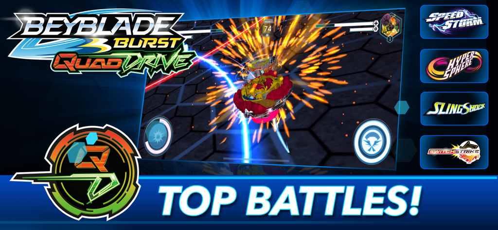 BEYBLADE BURST app - Digitaler Battle in Beyblade Burst QuadDrive mit aufeinandertreffenden Kreiseln und Symbolen zur Serienauswahl