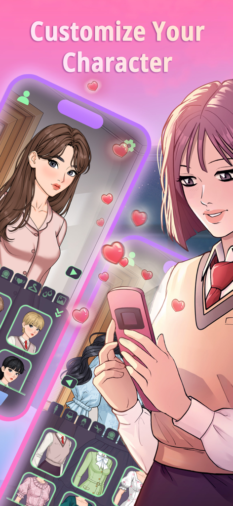 Menu de personnalisation de personnage dans Unfolded Webtoon Stories montrant des tenues et des coiffures d'avatar