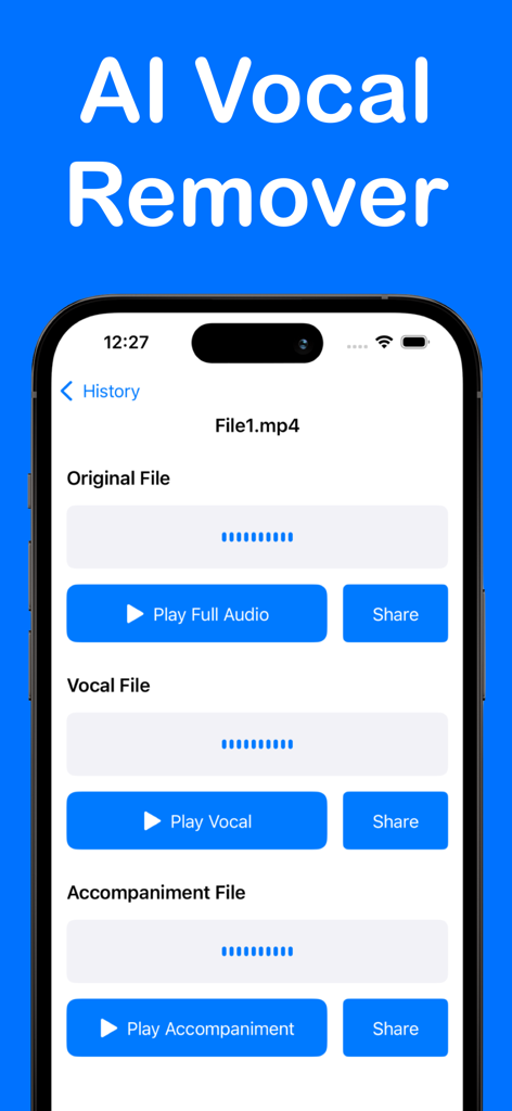 Interface of the Music Separator app showing separated audio tracks for vocals and accompaniment with play and share buttons