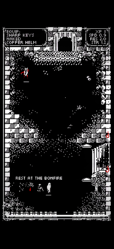 Trail of Gods - 1-bit gameplay screenshot of Trail of Gods showing a character at a bonfire with retro stats and equipment menus.