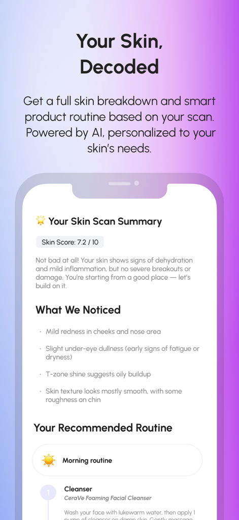 Glow Minder: Improved Skin - Interfaz de la aplicación Glow Minder que muestra un resumen del escaneo de la piel con una puntuación de la piel y una rutina personalizada de cuidado de la piel matutina.