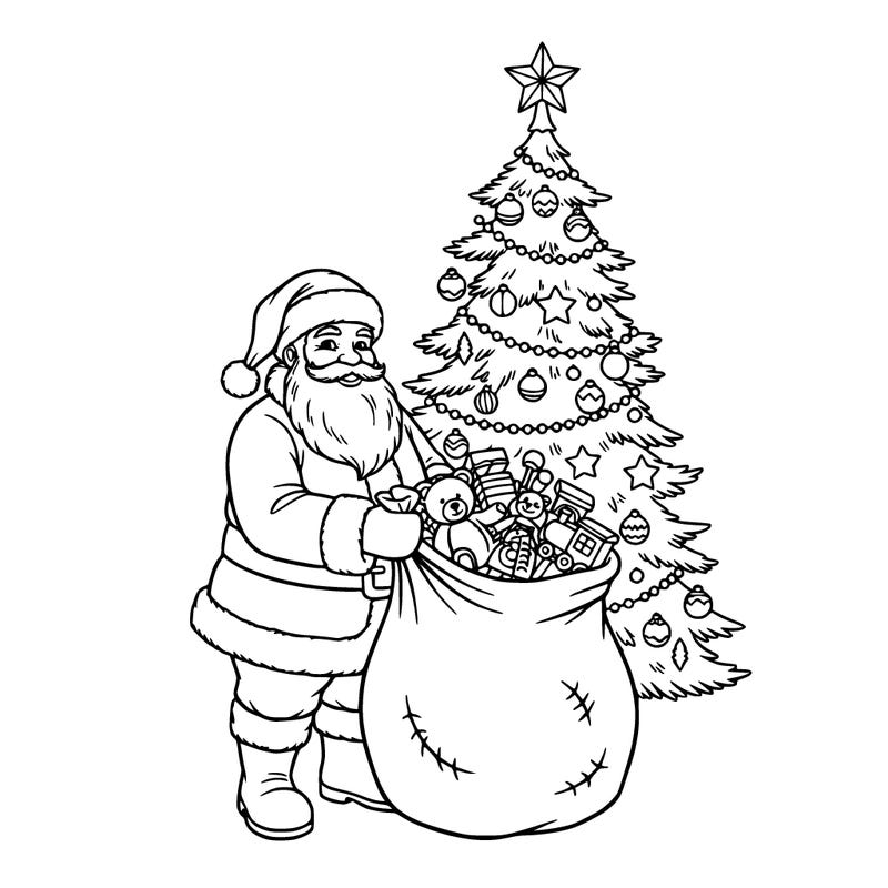 santa hold a bag with toys inside, standing next to a christmas tree