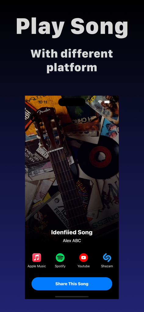 Interface of the music identifier app showing options to play an identified song on Apple Music, Spotify, and YouTube.