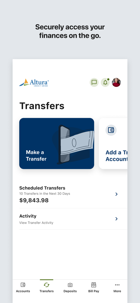 Altura Credit Union Mobile App - The transfers interface of the Altura Credit Union mobile app showing scheduled transfers and banking options.