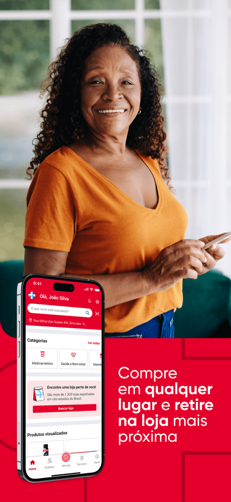 A smiling woman holding a smartphone next to a display of the Drogarias Pacheco app interface
