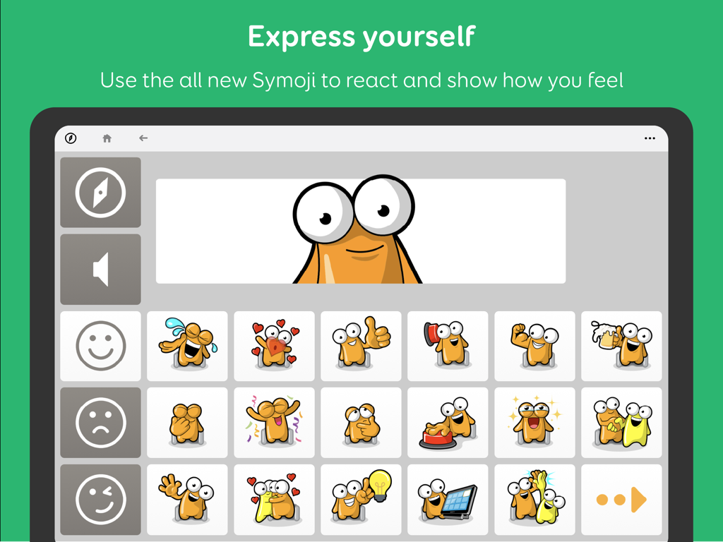 Interface of Grid for iPad AAC app showing Symoji icons for emotional expression