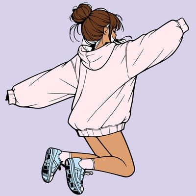 realistic girl jumping with a bun and oversized sweatshirt