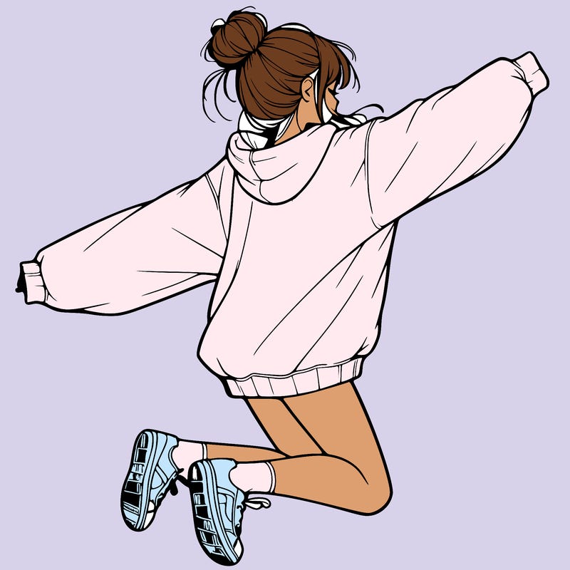 realistic girl jumping with a bun and oversized sweatshirt