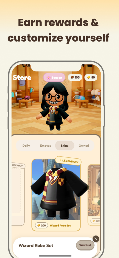 Focus Town: Study With Friends - Tela do aplicativo Focus Town mostrando uma loja de personalização de personagens com um conjunto de roupas de mago lendário