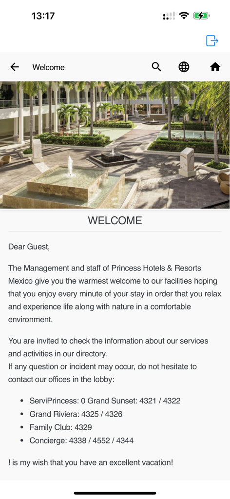 Message de bienvenue pour les clients sur l'application Princess Hotels and Resorts présentant une cour de complexe hôtelier de luxe et les informations de contact du service.