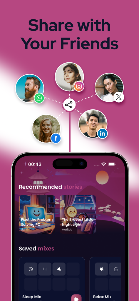 ASMR Sleep Sound Mix: Soundify - Interface do aplicativo Soundify apresentando opções de compartilhamento social e histórias para dormir recomendadas para um sono melhor.