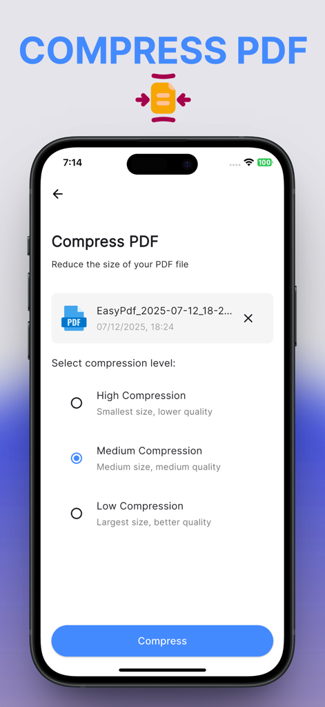 Easy PDF: AI Tools, Sign, Edit - Pantalla del iPhone mostrando opciones de compresión de PDF en la aplicación Easy PDF