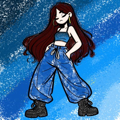 girl in baggy pants crop top and long hair