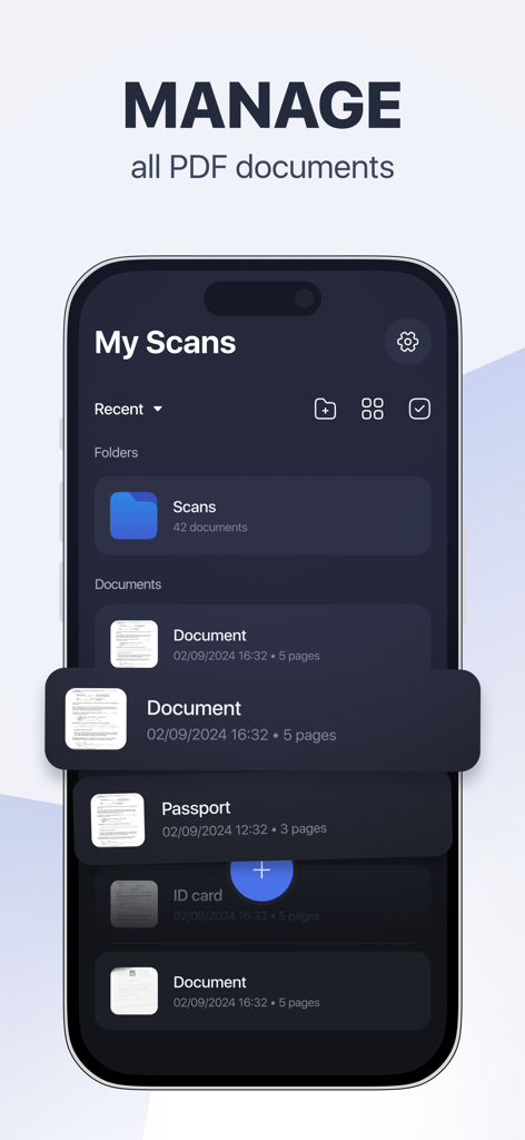 Scan Pro PDF: Document Scanner - Mobile app interface showing a list of scanned PDF documents and folders labeled My Scans