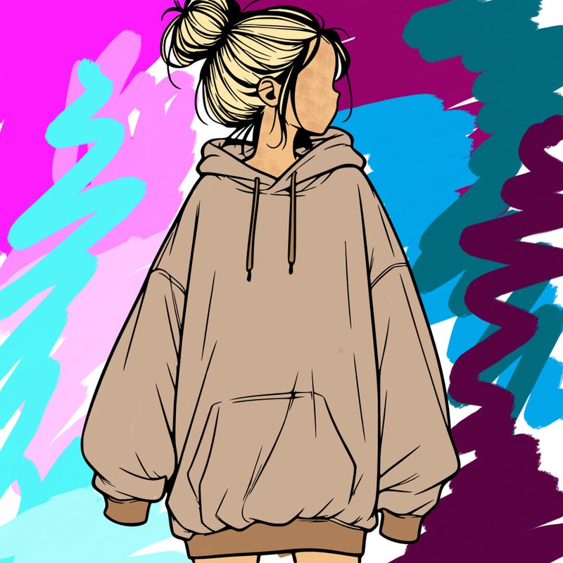 realistic girl with a oversized sweatshirt on and a bun
