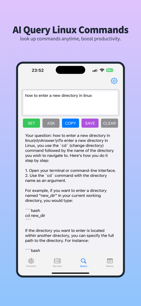 Screenshot der Server360 App-Oberfläche, der eine KI-gestützte Linux-Befehlsabfrage zur Verzeichnisnavigation zeigt.