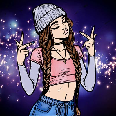 realistic teenage girl with braids and a beanie and crop top doing 🫶🏼