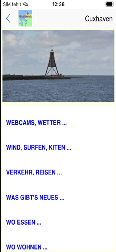Cuxhaven App für den Urlaub - Cuxhaven travel app main screen showing navigation menu and the Kugelbake monument