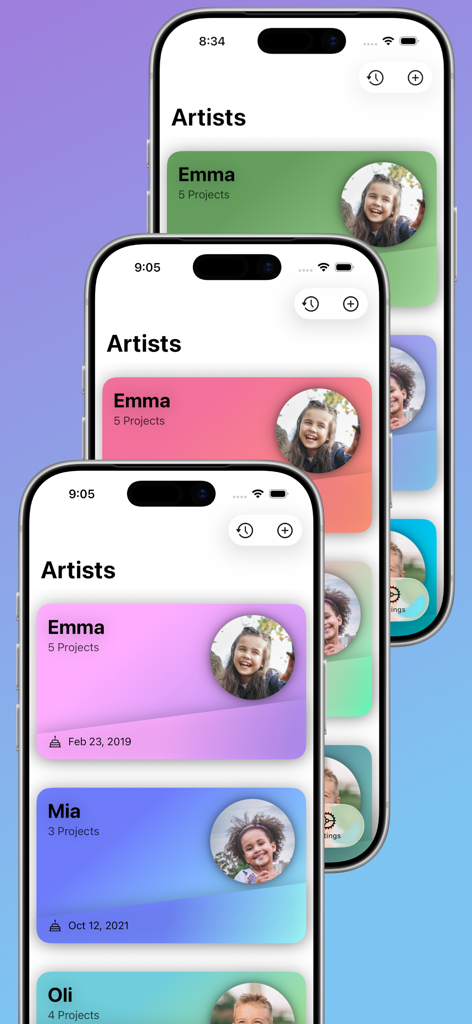 Three iPhones displaying the Artbox app Artists screen with colorful profile cards for kids art projects