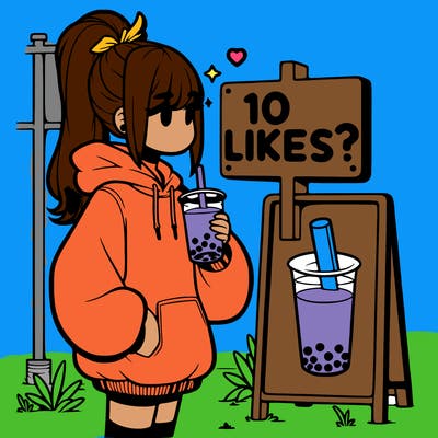 girl with oversized hoodie drinking boba and she has a high ponytail with a sign that says 10likes?