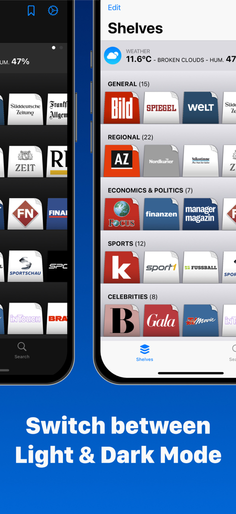 German Newspapers app interface showing light and dark mode options