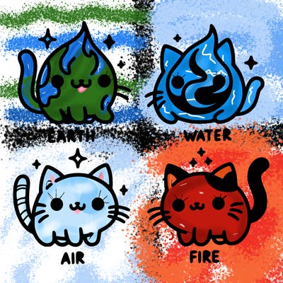4 cats that represent the different elements, earth, water, air, and fire
