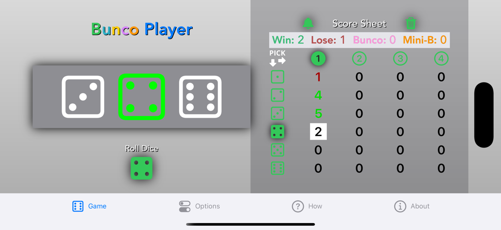 Bunco Player app screen with dice roller and electronic score sheet