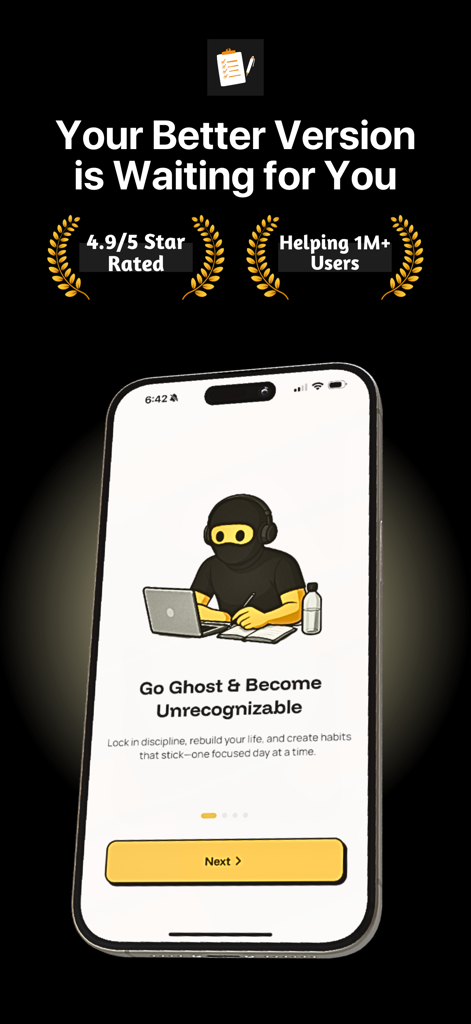 YLAG: Daily Habits Tracker - Onboarding screen of the YLAG habit tracker app featuring a ghost mode character and discipline goals