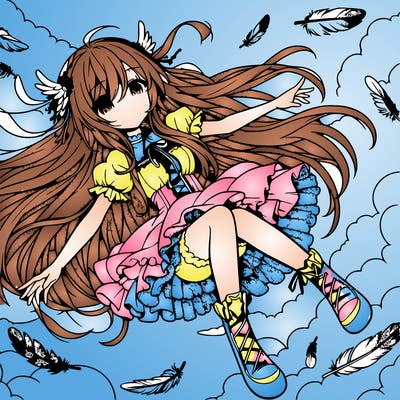 anime girl falling in sky with feathers and long hair