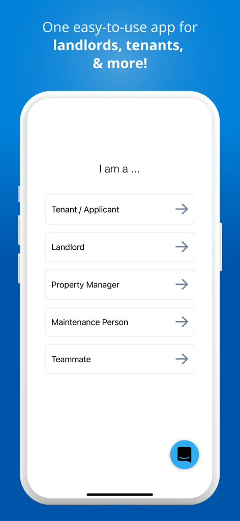 RentRedi for Tenants & Owners - RentRedi app screen where users can choose their role as tenant, landlord, property manager, maintenance person, or teammate