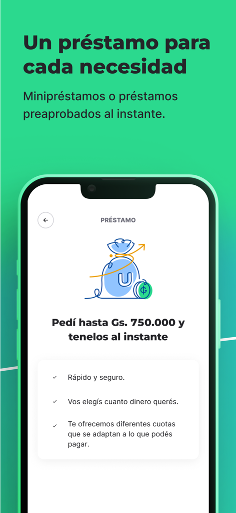ueno - Pantalla de la aplicación de banca móvil de ueno que ofrece préstamos digitales instantáneos en español