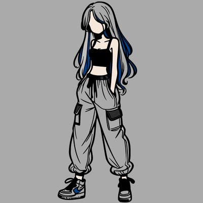 girl in baggy pants crop top and long hair