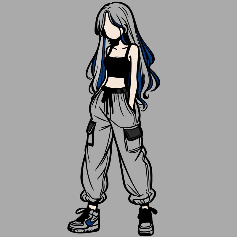 girl in baggy pants crop top and long hair