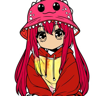 girl with anime shaped eyes with a dinosaur bucket hat oversized sweatshirt long straight hair