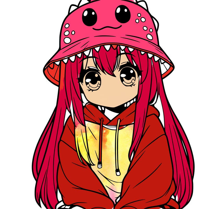 girl with anime shaped eyes with a dinosaur bucket hat oversized sweatshirt long straight hair