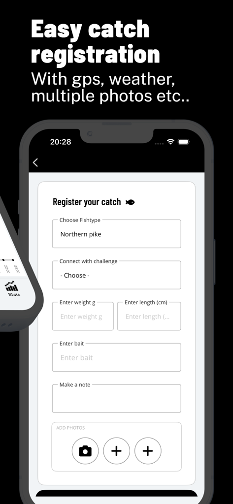 FishChamp - Fishing Challenges - Mobile app screen for registering a fish catch with fields for weight length bait and photo upload