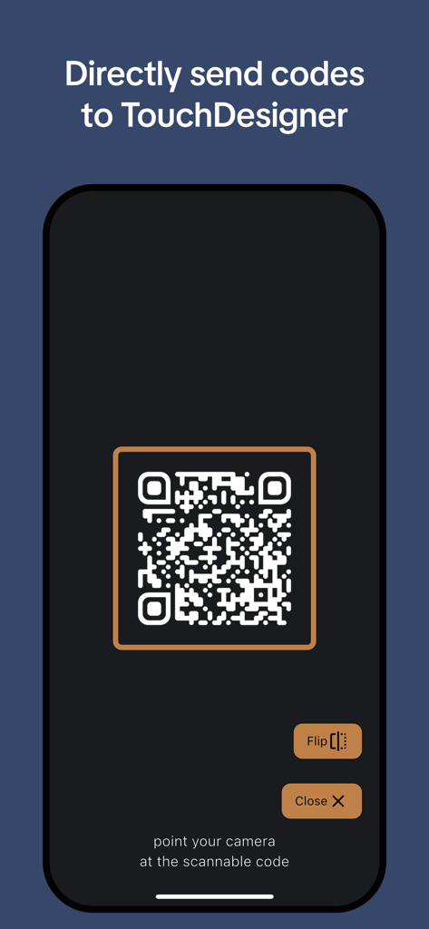 Remote Tools for TouchDesigner - Mobile interface showing a QR code scanner to send data directly to TouchDesigner