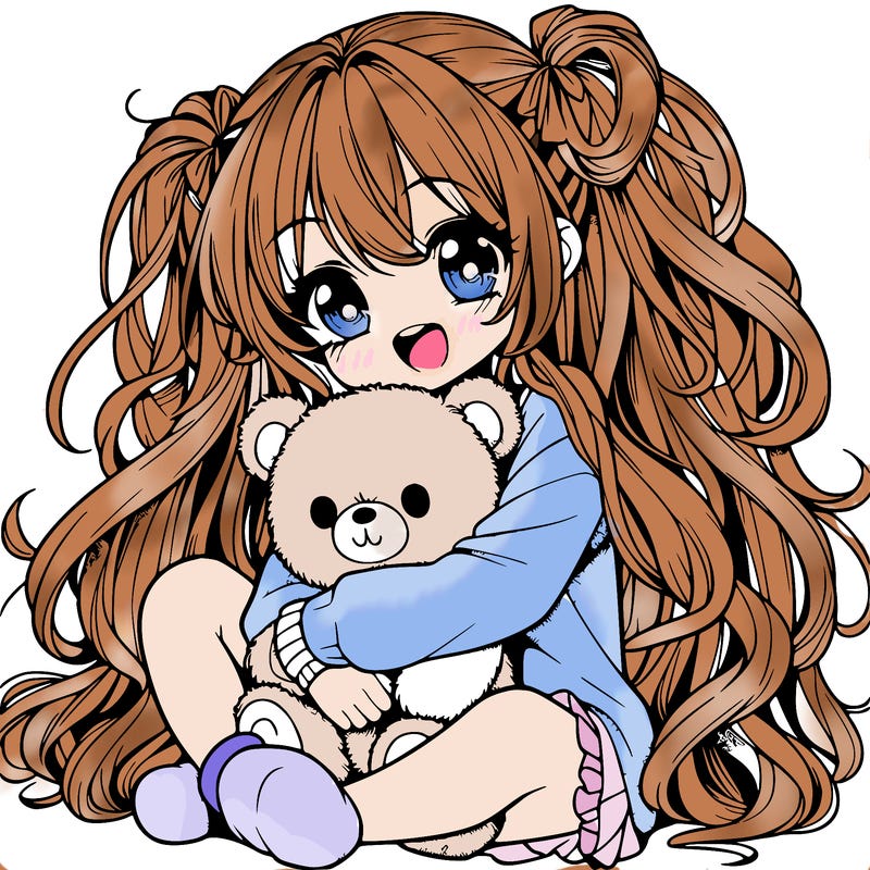 manga girl, long curly hair, happy, cuddling a teddy bear