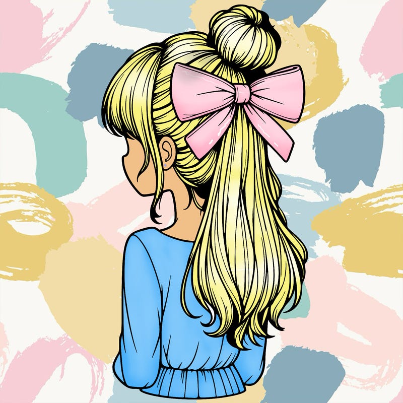 realistic girl  with hip length hair a bun and a big bow on the back of head
