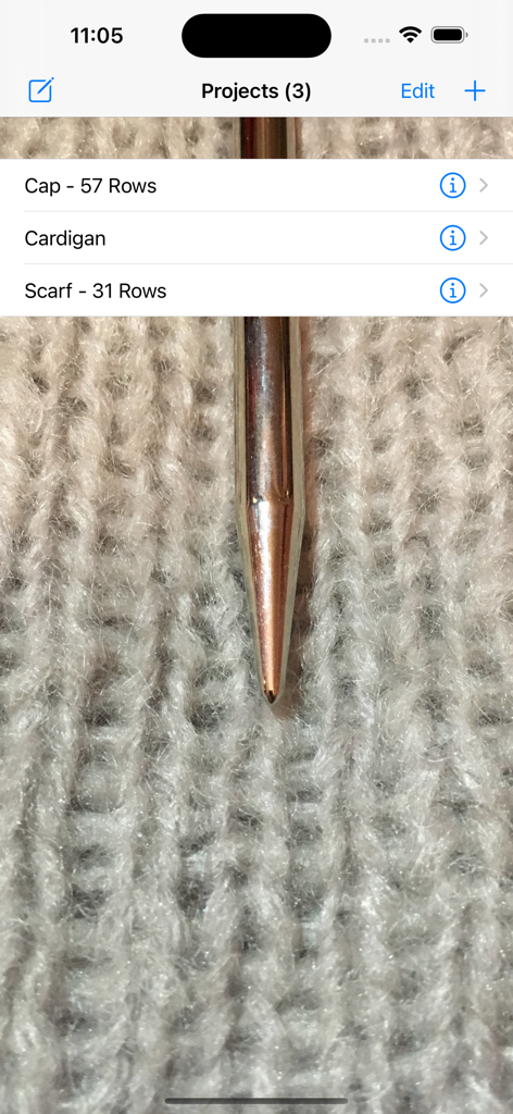 RowCounter - Oberfläche zeigt eine Liste von Strickprojekten mit Reihenzählungen in der RowCounter-App