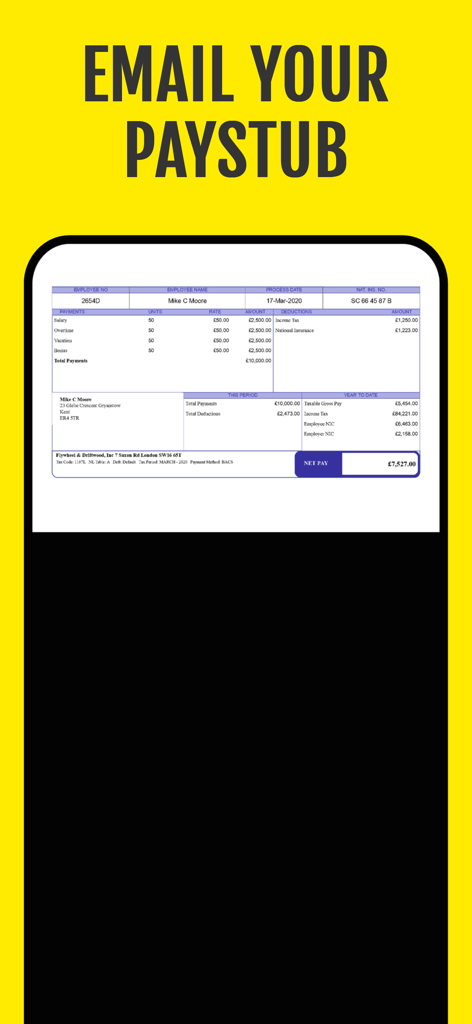 Interface d'application mobile montrant un bulletin de paie britannique détaillé avec une option pour envoyer le document par e-mail.