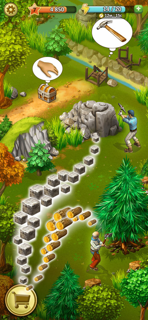 Janes Farm: Family farmer land - Personajes minando piedra y cortando madera para reunir materiales en Janes Farm