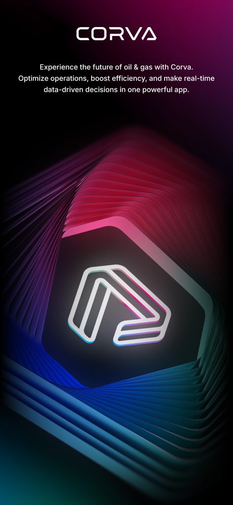 Corva app intro screen highlighting oil and gas operations optimization and real-time data decisions.