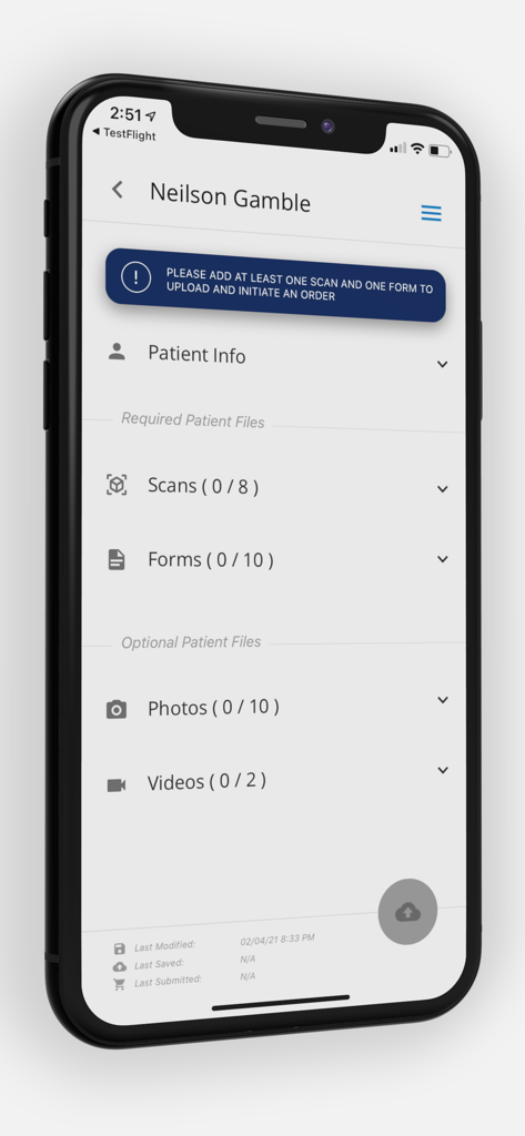 Foot ID app patient profile screen showing options for 3D scans and clinical documentation.
