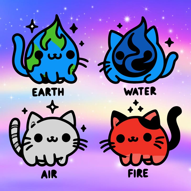 4 cats that represent the different elements, earth, water, air, and fire
