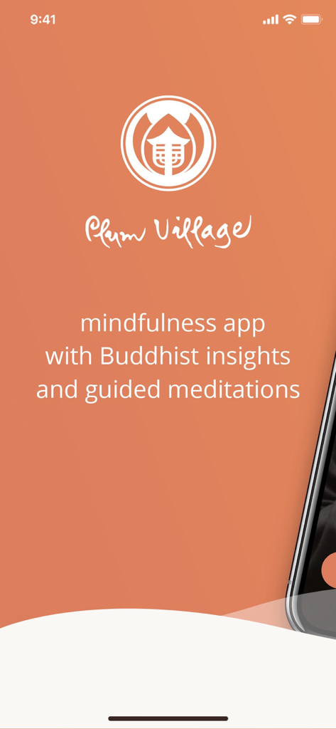 Pantalla de introducción de la aplicación Plum Village Meditación Zen con el logotipo y la descripción