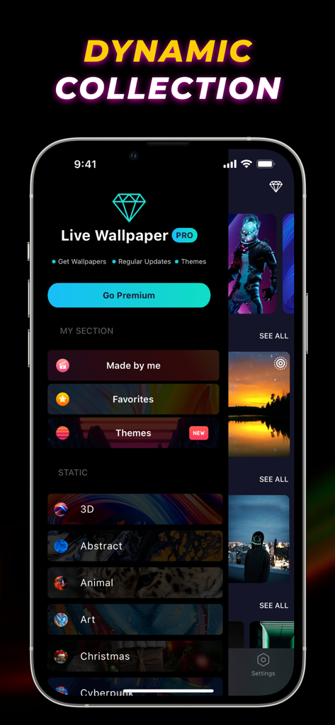 A screenshot of the Live Wallpaper Maker 4K app interface displaying various wallpaper categories like 3D and Abstract