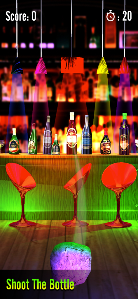 BottleShoot-Shoot Bottles - BottleShoot arcade game screen featuring glass bottles on a bar counter under colorful spotlights with a stone to throw.
