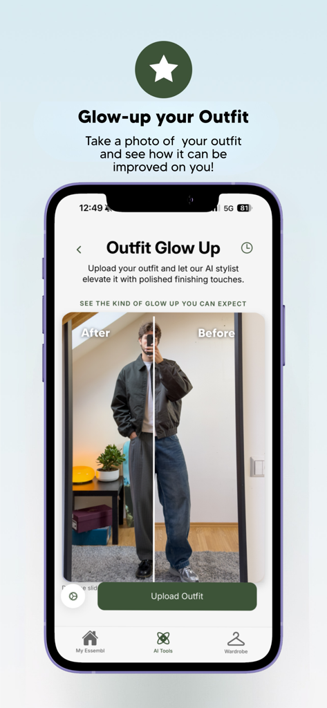 A comparison of a mens outfit before and after being improved by the Essembl AI styling assistant